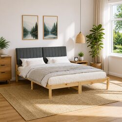 Bed Frame with Upholstered Headboard Brown 150 x 200 cm Solid Pine Wood Platform