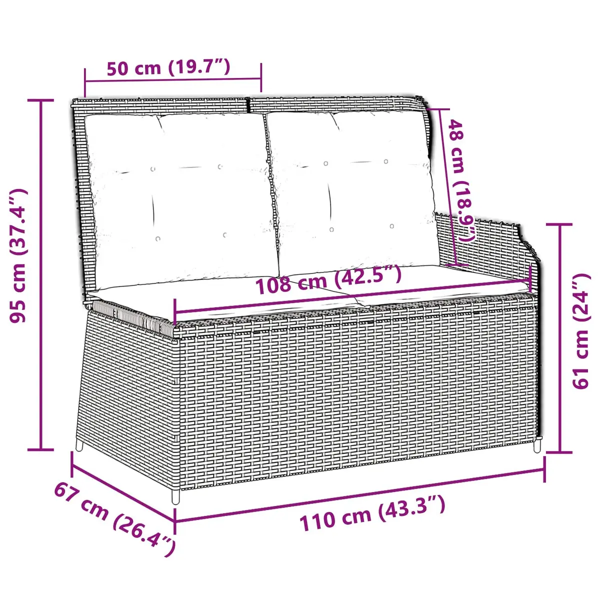 Garden Bench Poly Rattan Grey Outdoor Furniture Reclining Seating