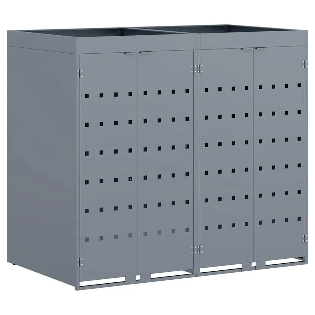 Outdoor Bin Storage Unit Powder-Coated Steel Light Grey with Planter Roof for Two Bins