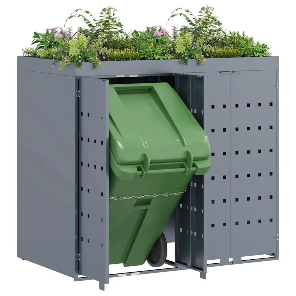 Outdoor Bin Storage Unit Powder-Coated Steel Light Grey with Planter Roof for Two Bins