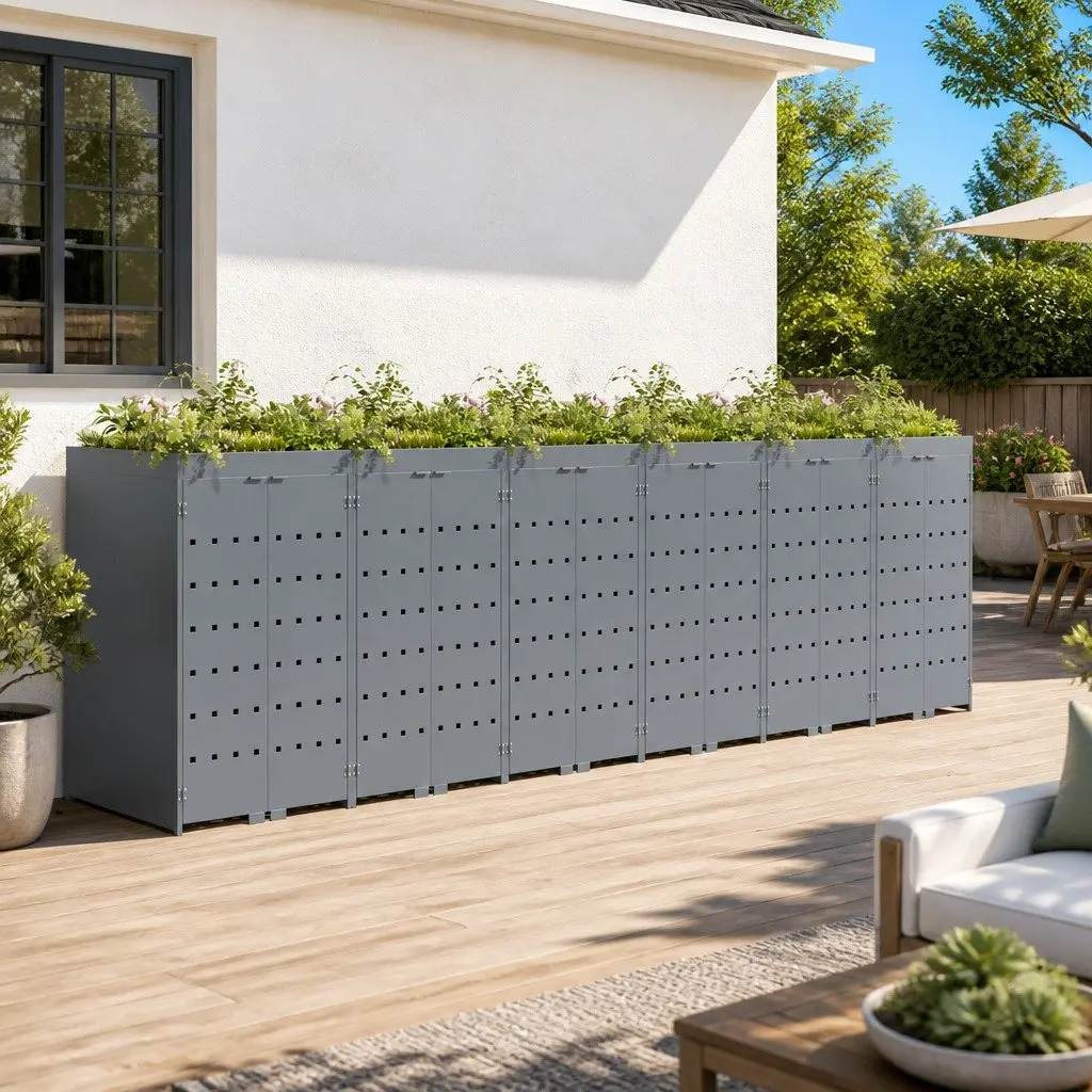 Wheelie Bin Storage Enclosure Powder-coated Steel 408 x 77.5 x 121.5 cm Light Grey 6 Bins Modern Garden Terrace Waste