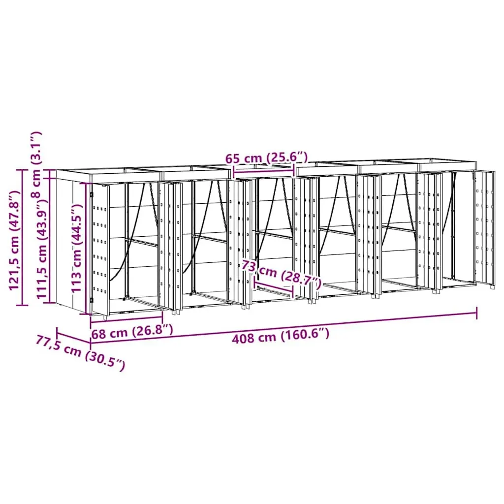 Wheelie Bin Storage Enclosure Powder-coated Steel 408 x 77.5 x 121.5 cm Light Grey 6 Bins Modern Garden Terrace Waste