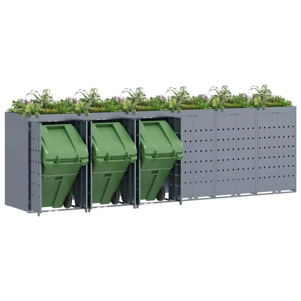 Wheelie Bin Storage Enclosure Powder-coated Steel 408 x 77.5 x 121.5 cm Light Grey 6 Bins Modern Garden Terrace Waste
