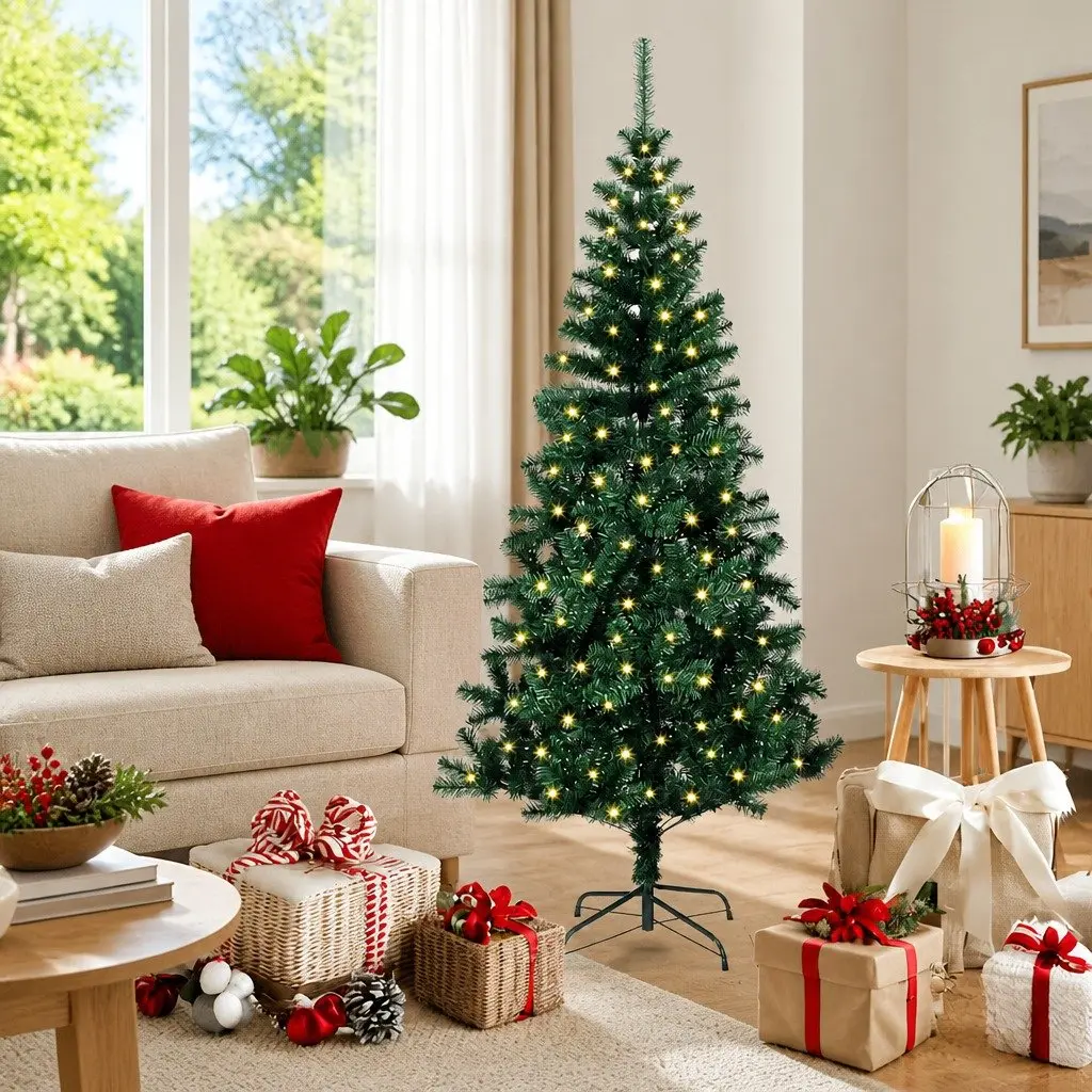 Artificial Christmas Tree Cone PVC 150cm Green Pre-lit LED Lights USB Powered