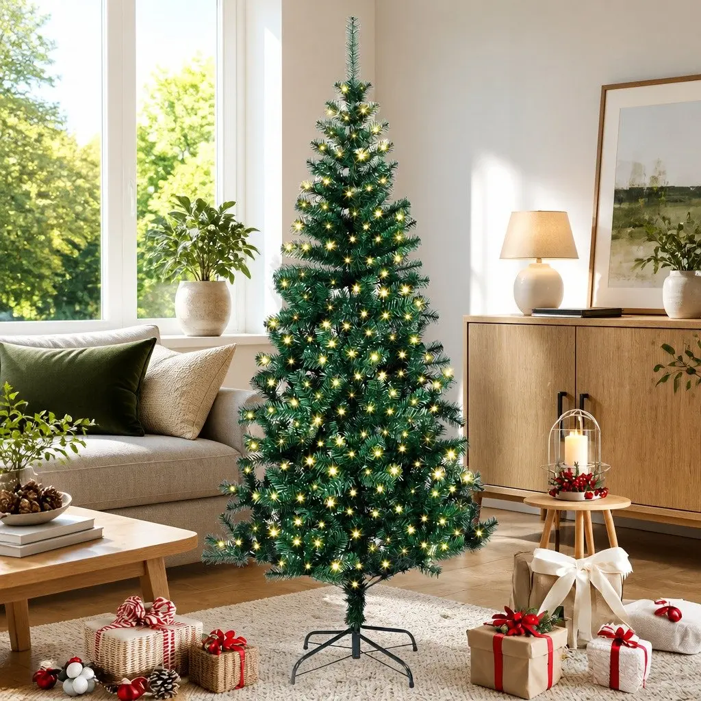 Artificial Pre-lit Christmas Tree 210cm Green Cone LED Lights Indoor Outdoor