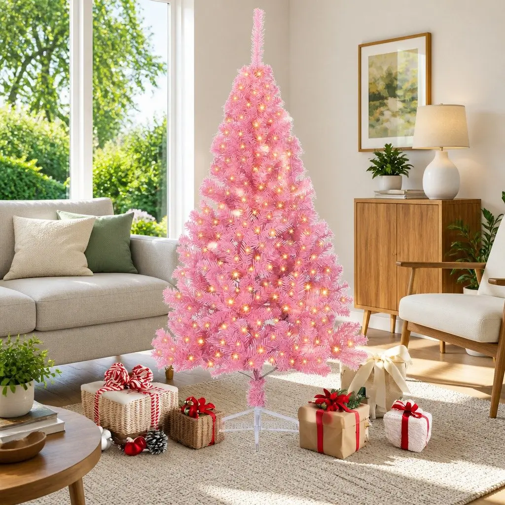 Artificial Pre-lit Christmas Tree PVC 180cm Pink Cone Shape