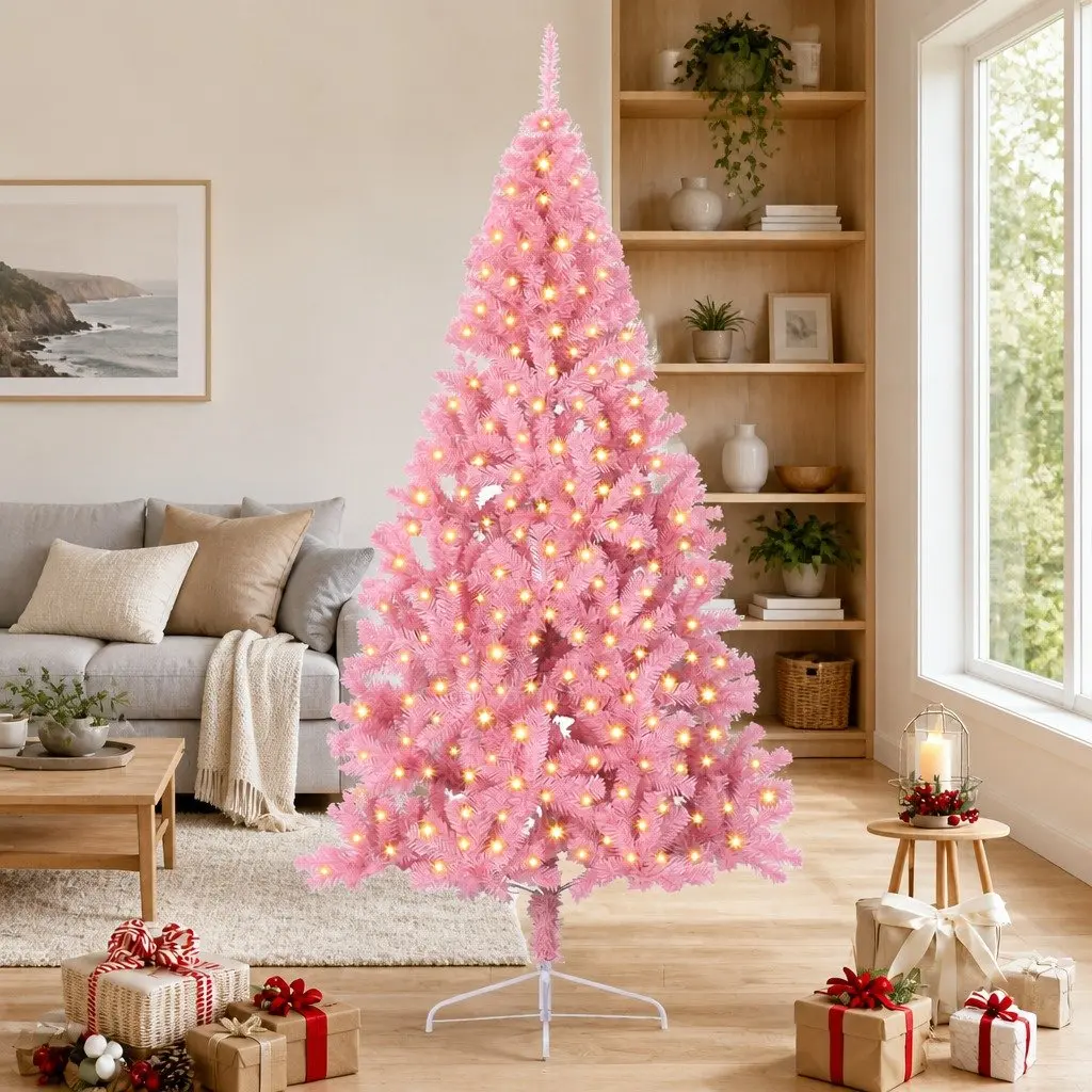 Artificial Pre-lit Christmas Tree 240cm Pink 300 LED Lights Cone Shape Indoor