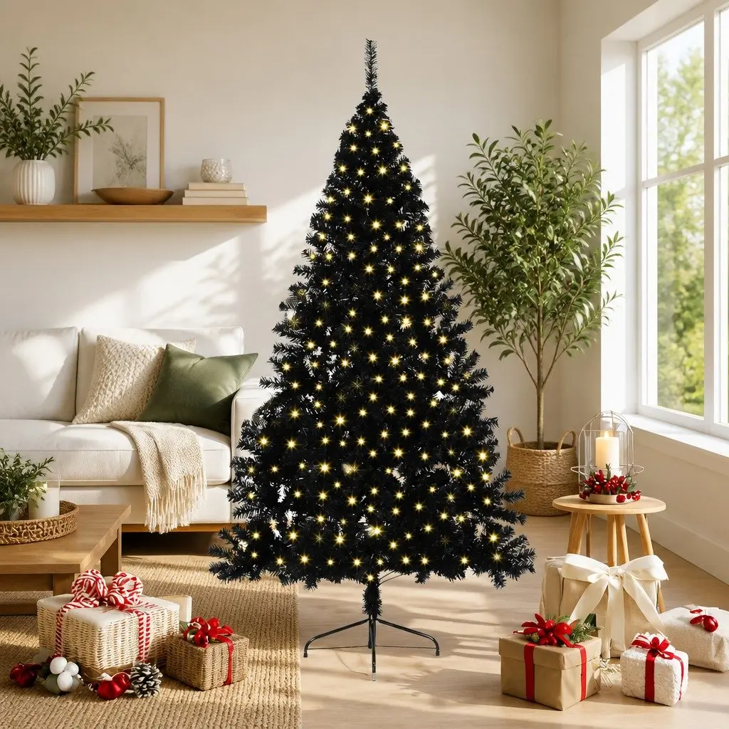 Artificial Christmas Tree Pre-lit Cone Shape 210cm Black with Warm White LED Lights