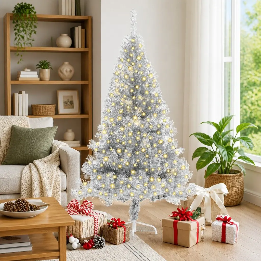 Artificial Pre-lit Christmas Tree 180cm Silver Cone LED Warm White Lights