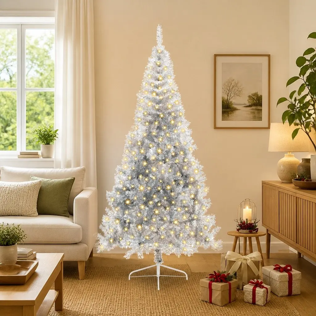 Artificial Pre-lit Christmas Tree Cone Shape 240cm Silver PVC with Steel Frame