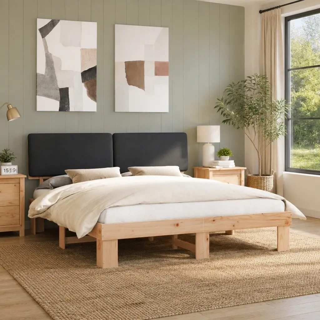 Bed Frame Solid Pine Wood Grey 180x200cm Upholstered Headboard Platform Slatted Base