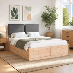 Bed Frame with Upholstered Headboard Grey 135 x 190 cm Modern Platform Bedroom