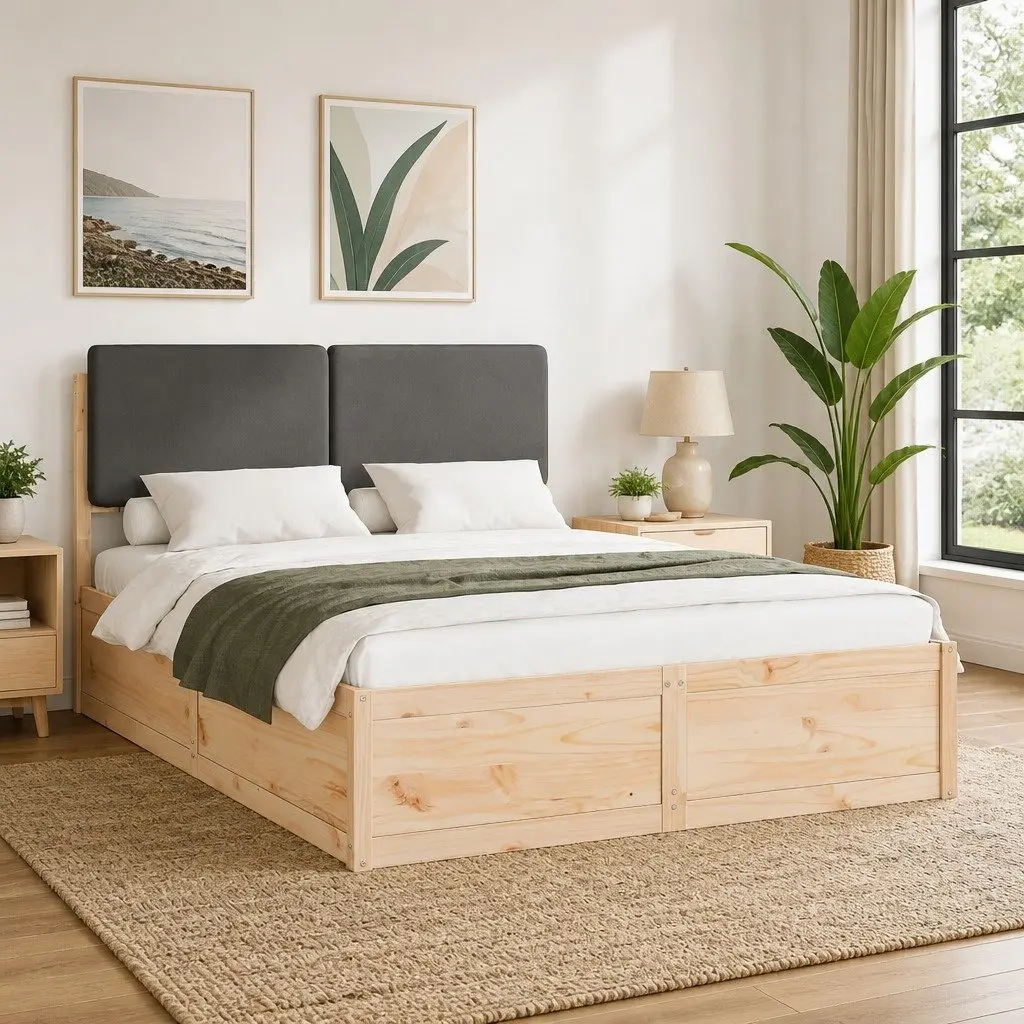 Bed Frame Wooden Grey 150 x 200 cm Upholstered Headboard Platform Slats
