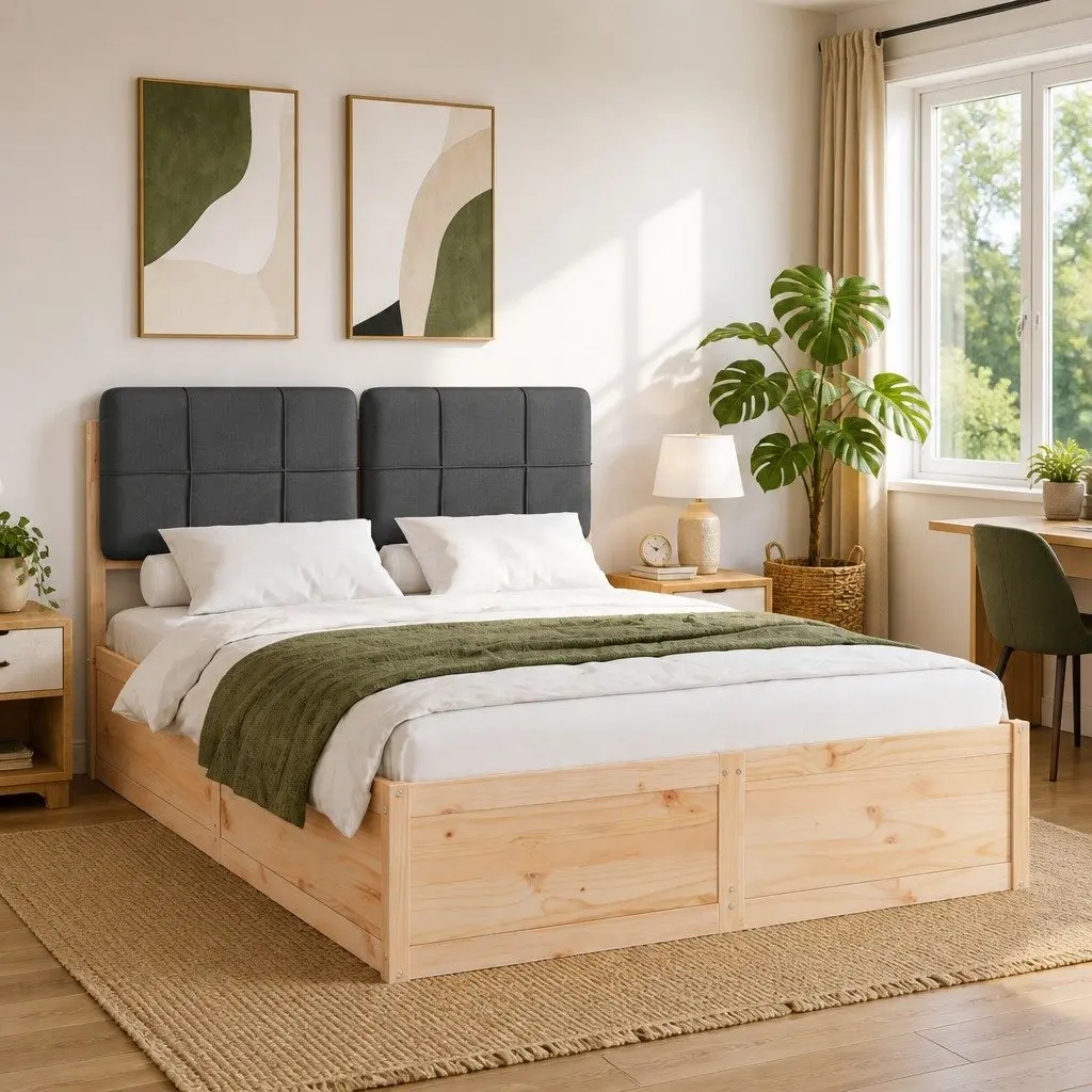 Bed Frame Solid Pine Wood 150 x 200 cm Grey Upholstered Headboard Modern Platform