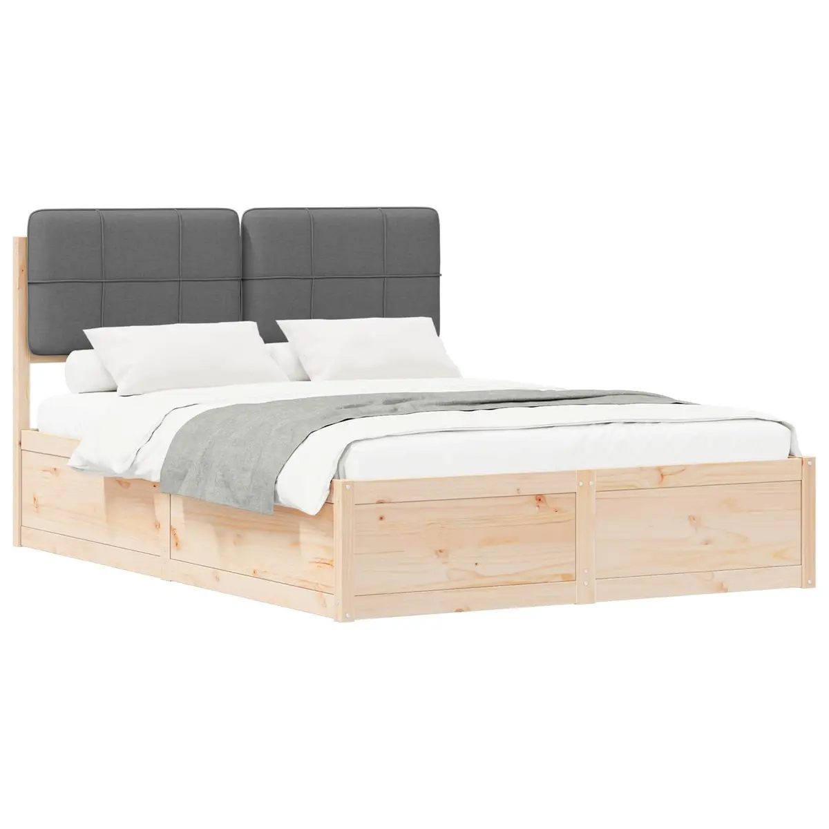 Bed Frame Solid Pine Wood 150 x 200 cm Grey Upholstered Headboard Modern Platform