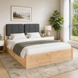 Bed Frame with Upholstered Headboard Grey 135 x 190 cm Modern Wooden Platform
