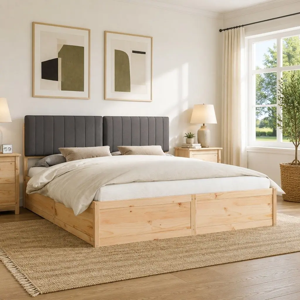 Upholstered Bed Frame Solid Pine Wood 180x200cm Dark Grey Headboard