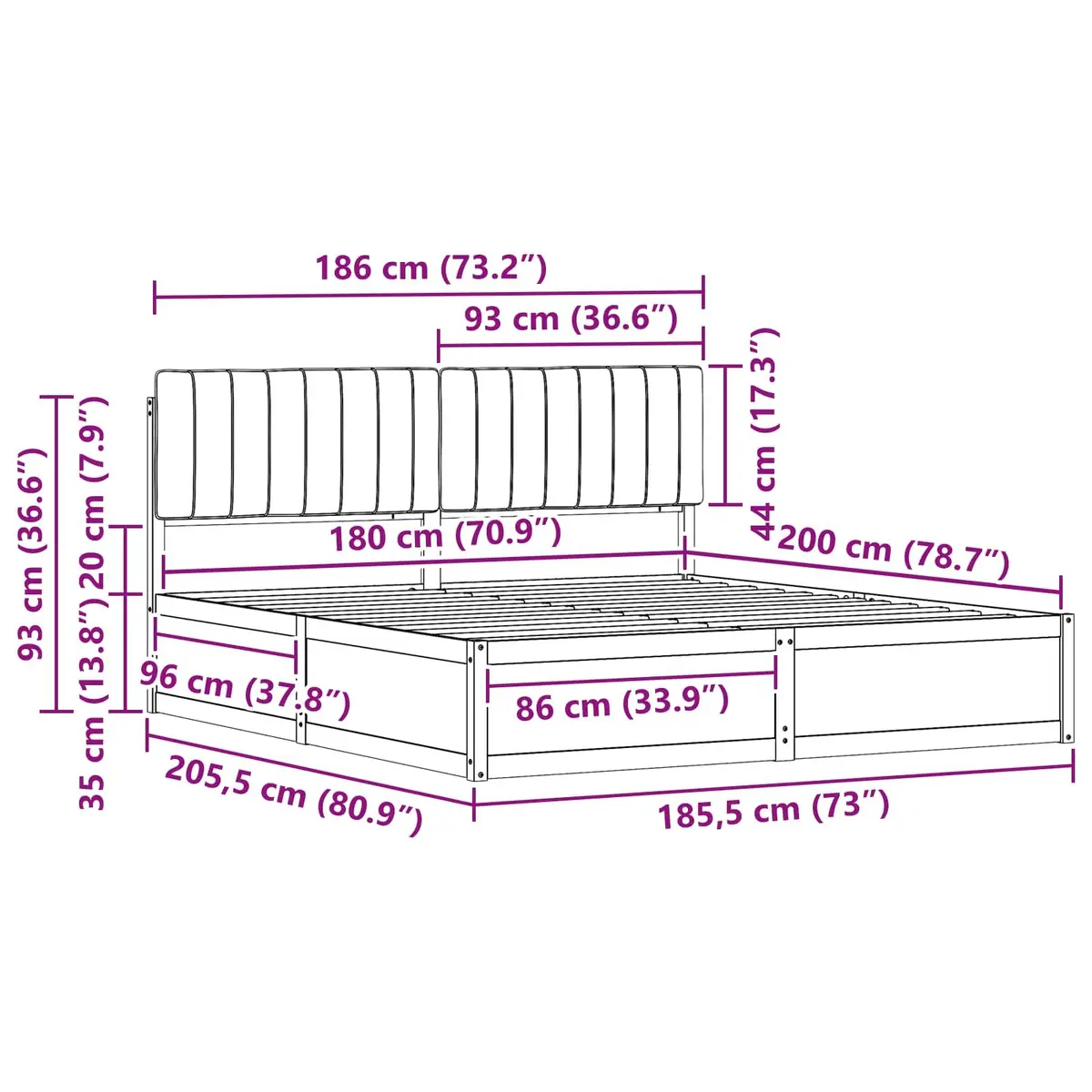 Upholstered Bed Frame Solid Pine Wood 180x200cm Dark Grey Headboard