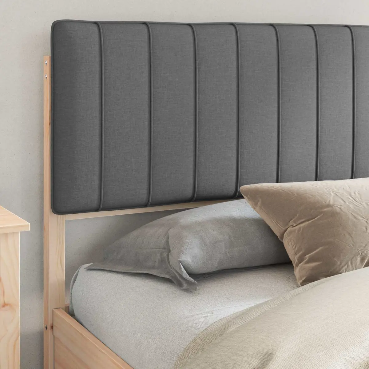 Upholstered Bed Frame Solid Pine Wood 180x200cm Dark Grey Headboard