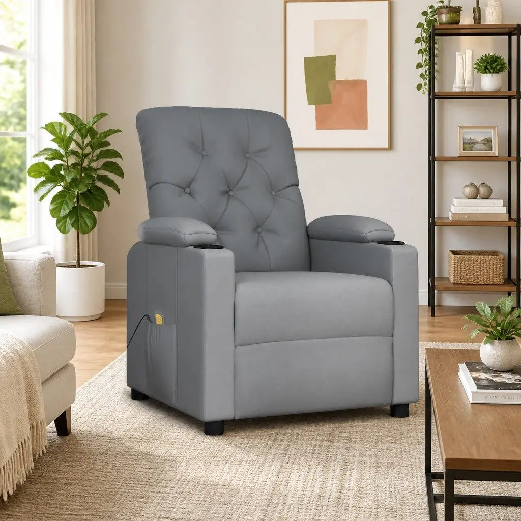 Massage Chair Manual Recline Light Grey Fabric 3 Adjustable Positions 6 Vibration Points