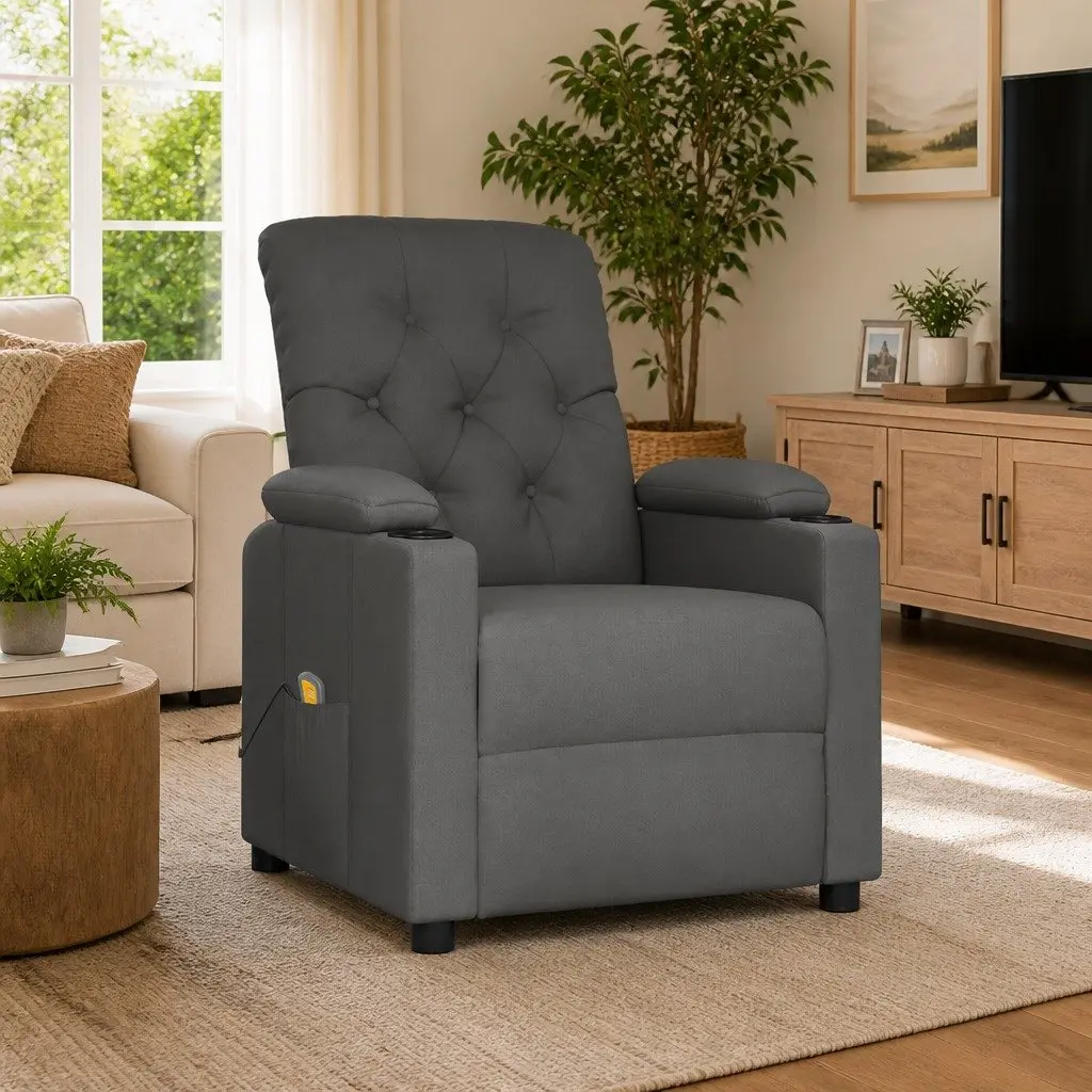 Electric Massage Chair Grey Fabric Reclining Armchair 6 Vibration Points Manual Adjustment