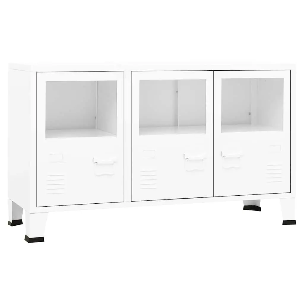 Industrial Sideboard Metal Frame Glass Door White Storage Cabinet 105W x 35D x 62H cm