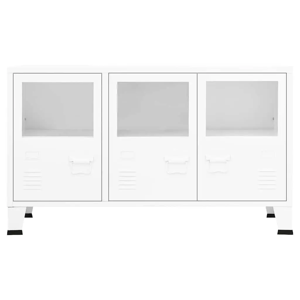 Industrial Sideboard Metal Frame Glass Door White Storage Cabinet 105W x 35D x 62H cm