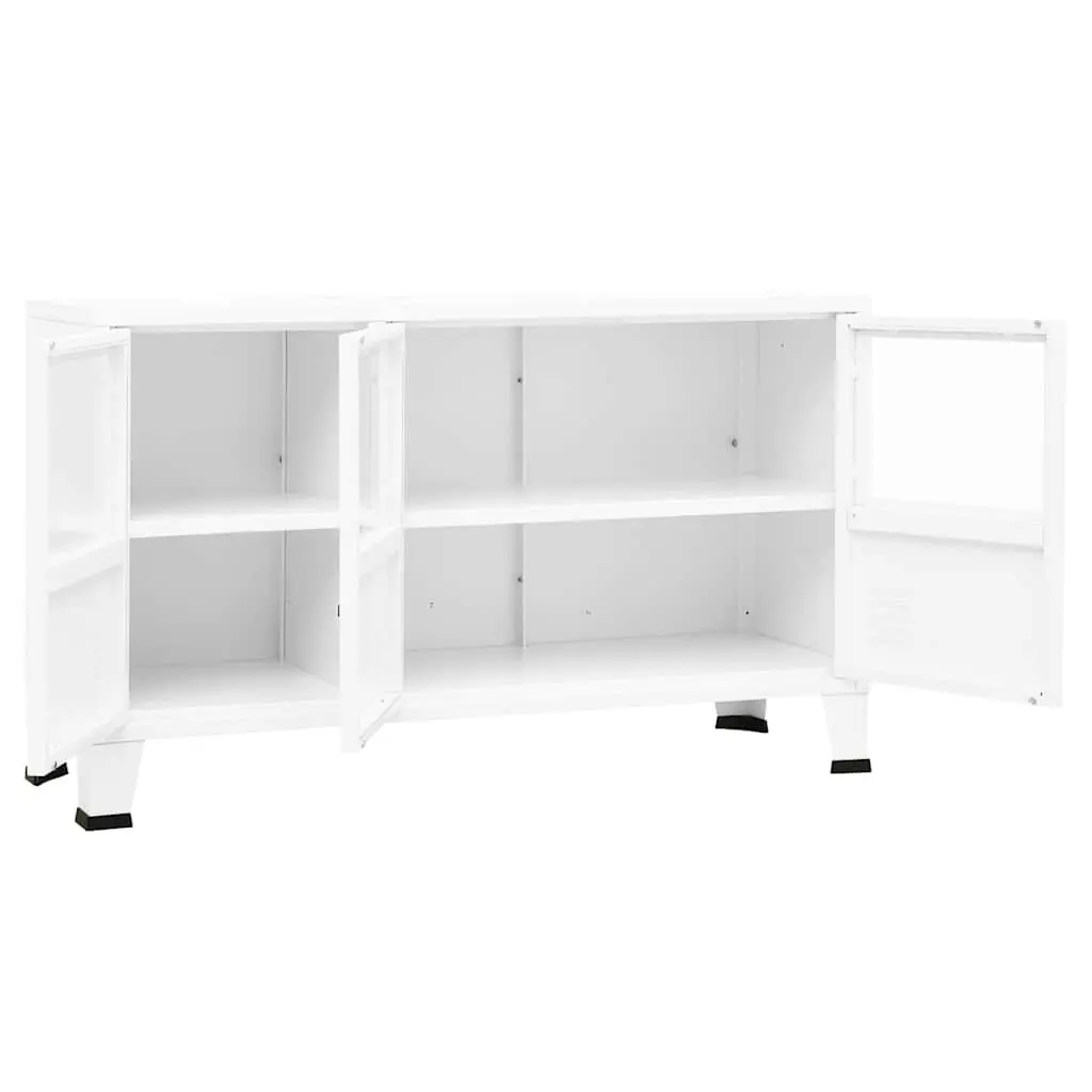 Industrial Sideboard Metal Frame Glass Door White Storage Cabinet 105W x 35D x 62H cm