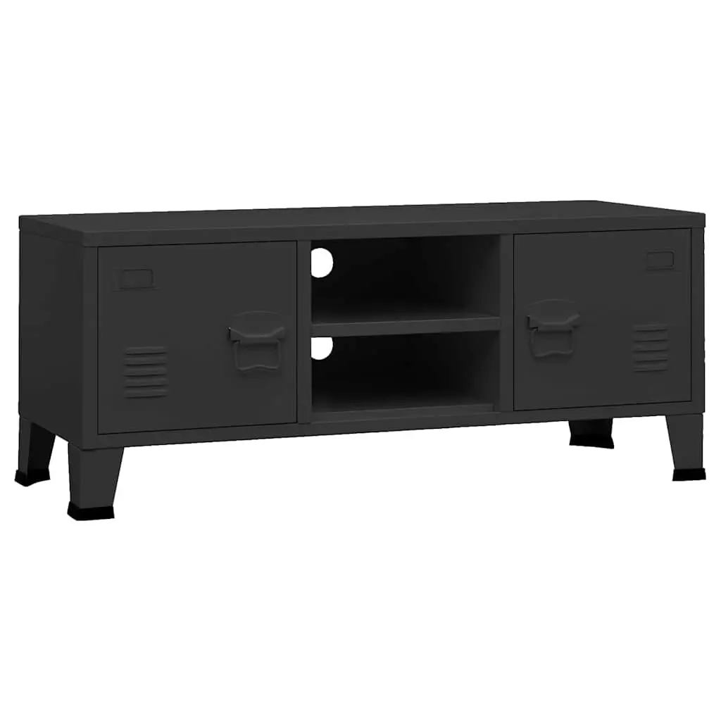 Industrial TV Cabinet Black Metal Storage Unit with Doors Shelves and Cable