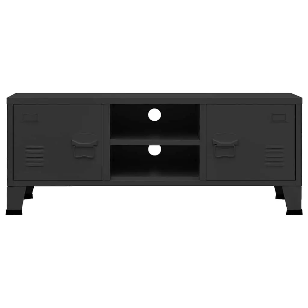 Industrial TV Cabinet Black Metal Storage Unit with Doors Shelves and Cable