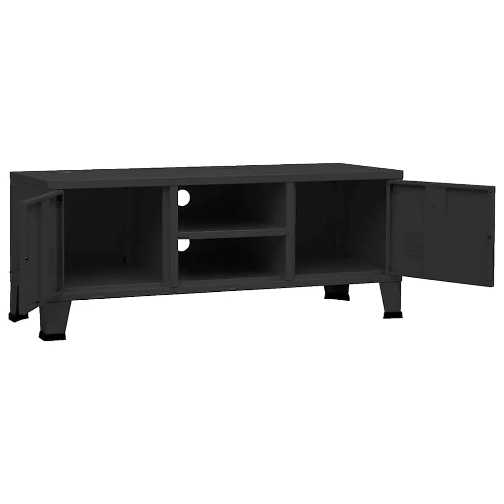 Industrial TV Cabinet Black Metal Storage Unit with Doors Shelves and Cable