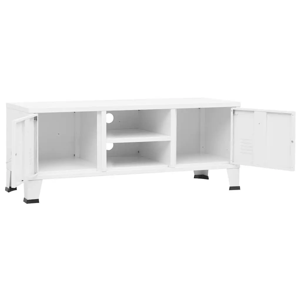 Industrial TV Cabinet White Metal Storage Unit with Doors Shelf Media Console