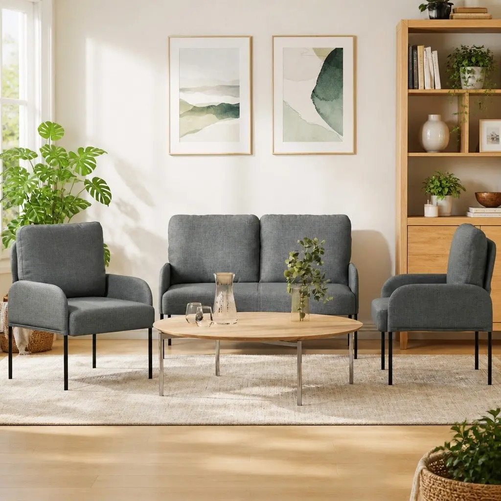 3-Piece Sofa Set Plywood Frame Polyester Upholstery Dark Grey Indoor Seating