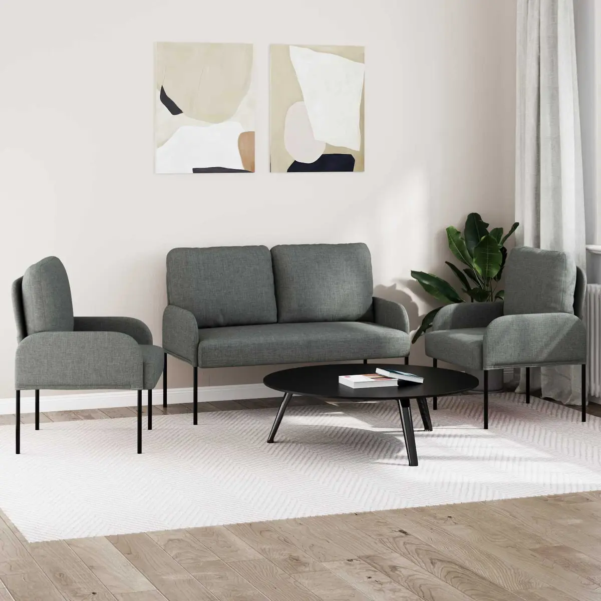 3-Piece Sofa Set Plywood Frame Polyester Upholstery Dark Grey Indoor Seating