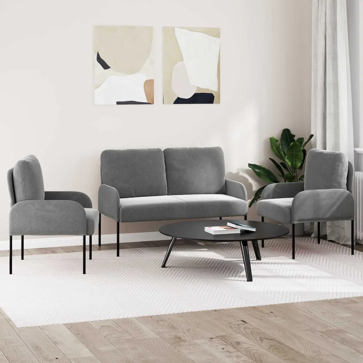 3-Piece Modern Sofa Set with Cushions Grey Polyester Living Room Furniture