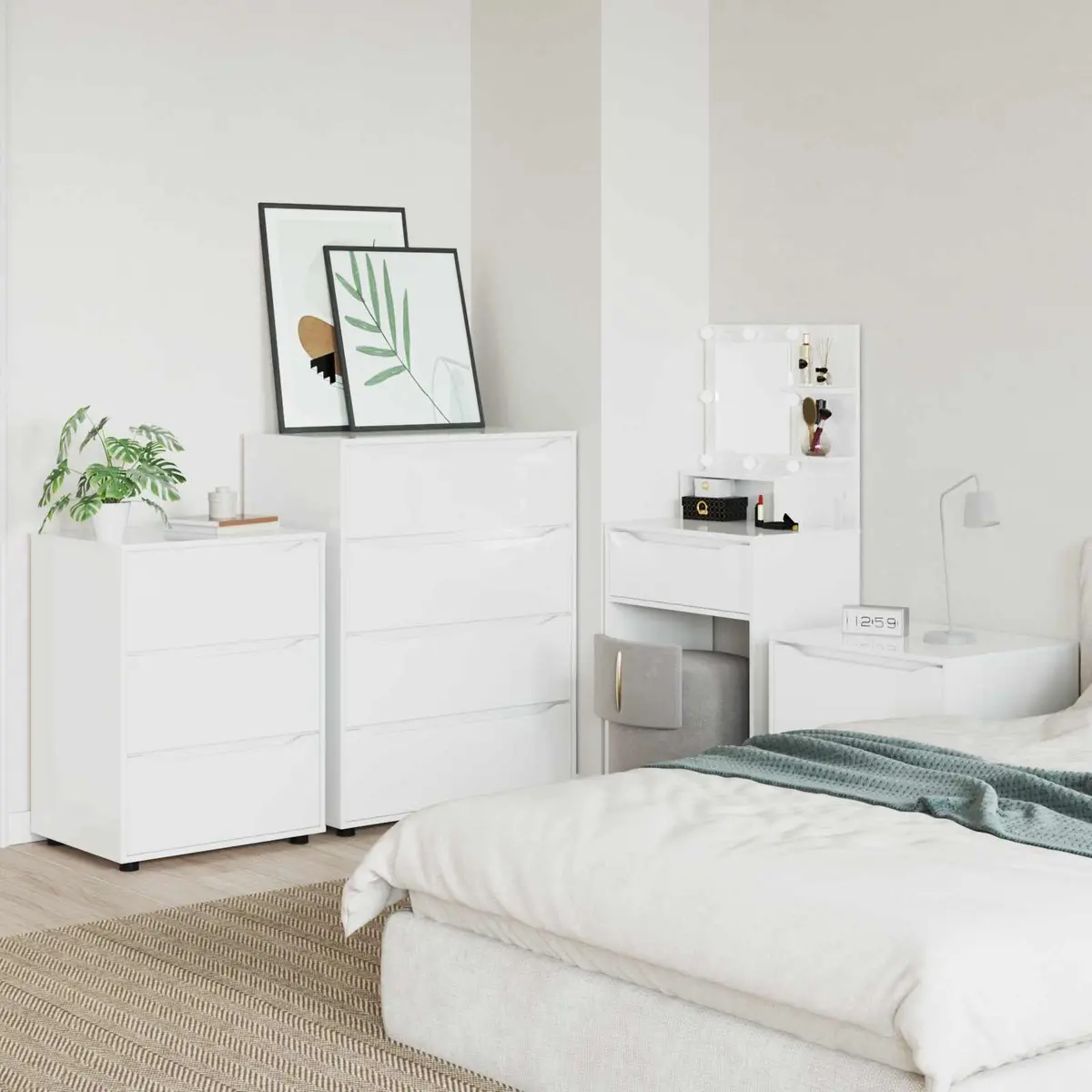 Storage Cabinet High Gloss White Engineered Wood Drawer Organiser Bedroom