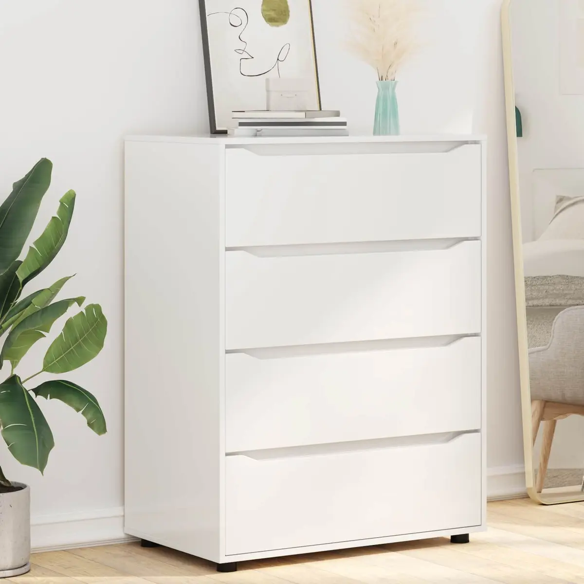 Storage Cabinet High Gloss White Engineered Wood Drawer Organiser Bedroom