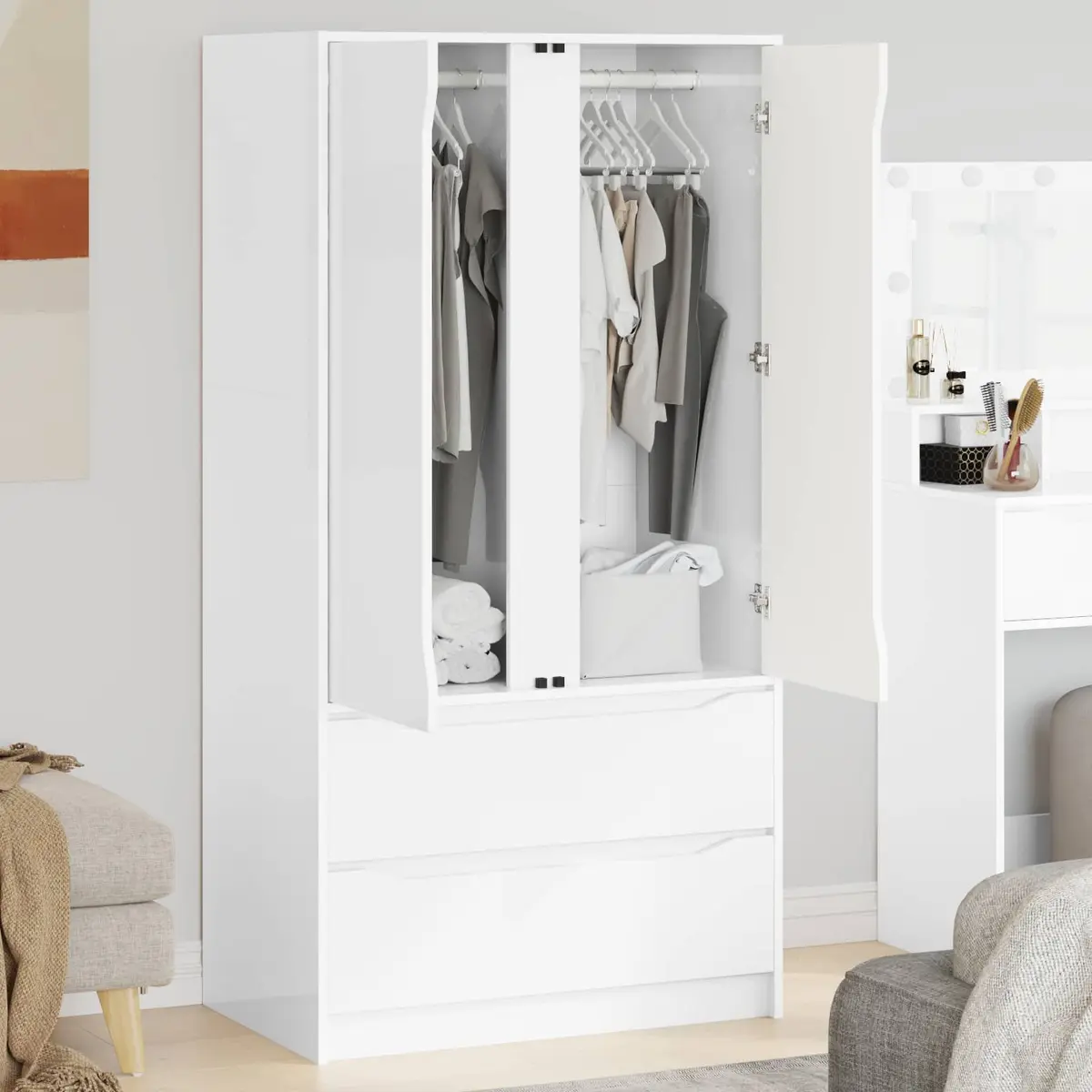 White Engineered Wood Wardrobe Cabinet with Drawer Bedroom Storage 795x49x156cm