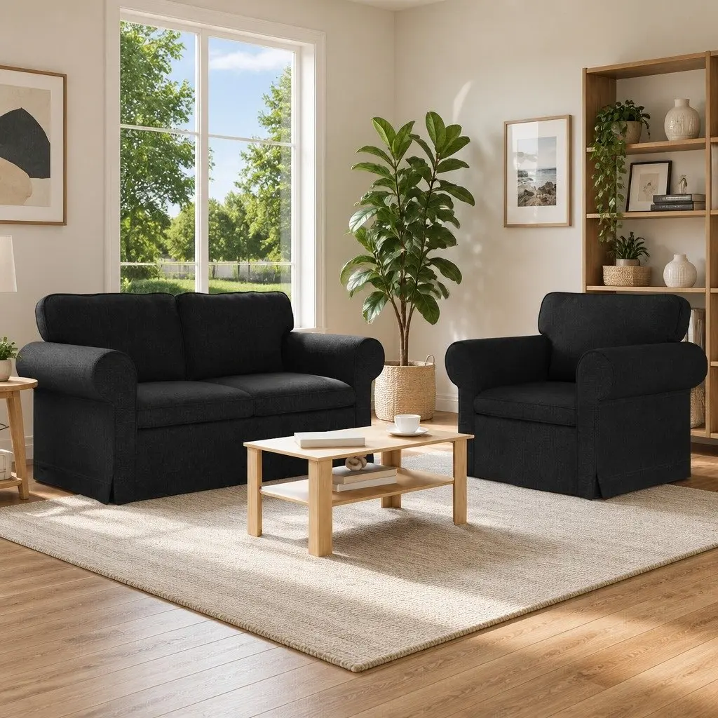 2 Piece Modular Sofa Set Black Fabric Metal Frame Contemporary Living Room Couch
