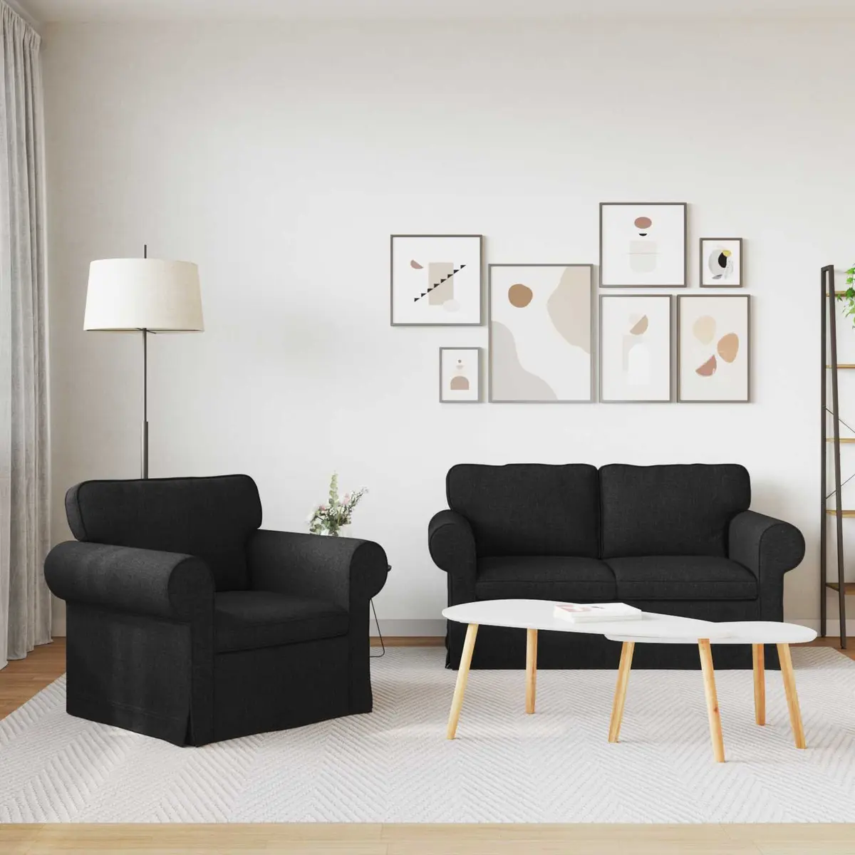 2 Piece Modular Sofa Set Black Fabric Metal Frame Contemporary Living Room Couch