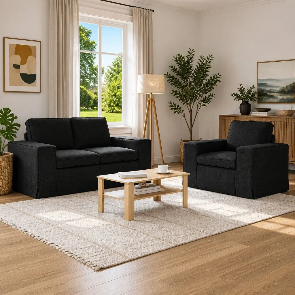 2-Piece Modular Fabric Sofa Set Black Sectional Couch