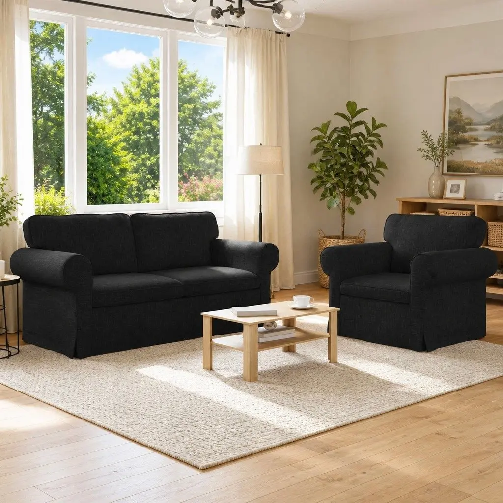 2-Piece Modular Sofa Set Black Fabric Living Room Furniture Contemporary Design
