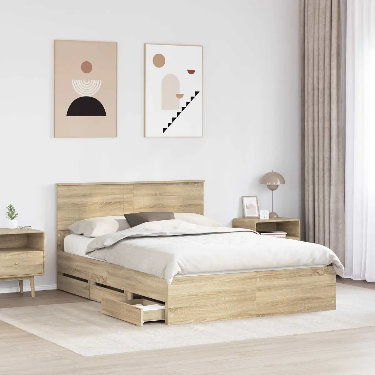 Bed Frame with Storage Drawer Engineered Wood Modern Minimalist 150x200cm