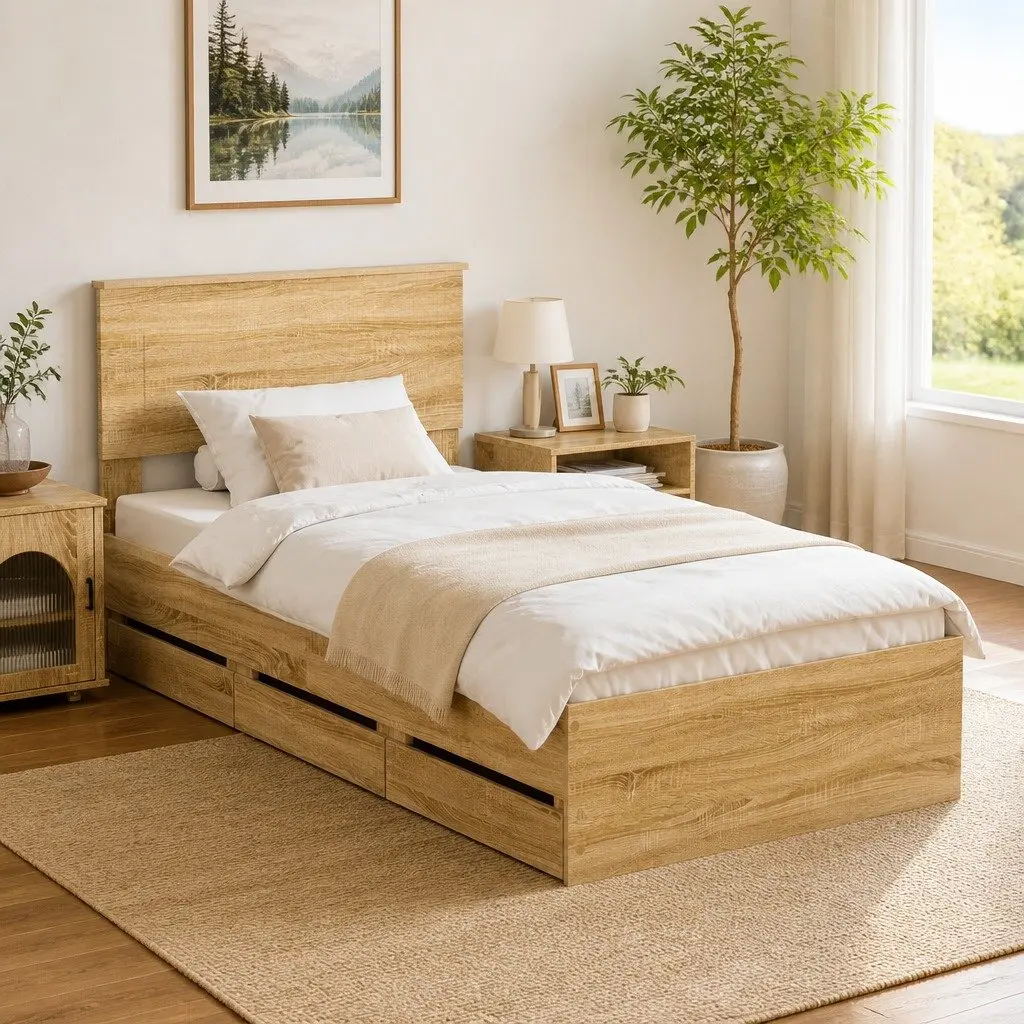 Storage Drawer Bed Frame Engineered Wood Modern Minimalist 90 x 190 cm Sonoma Oak