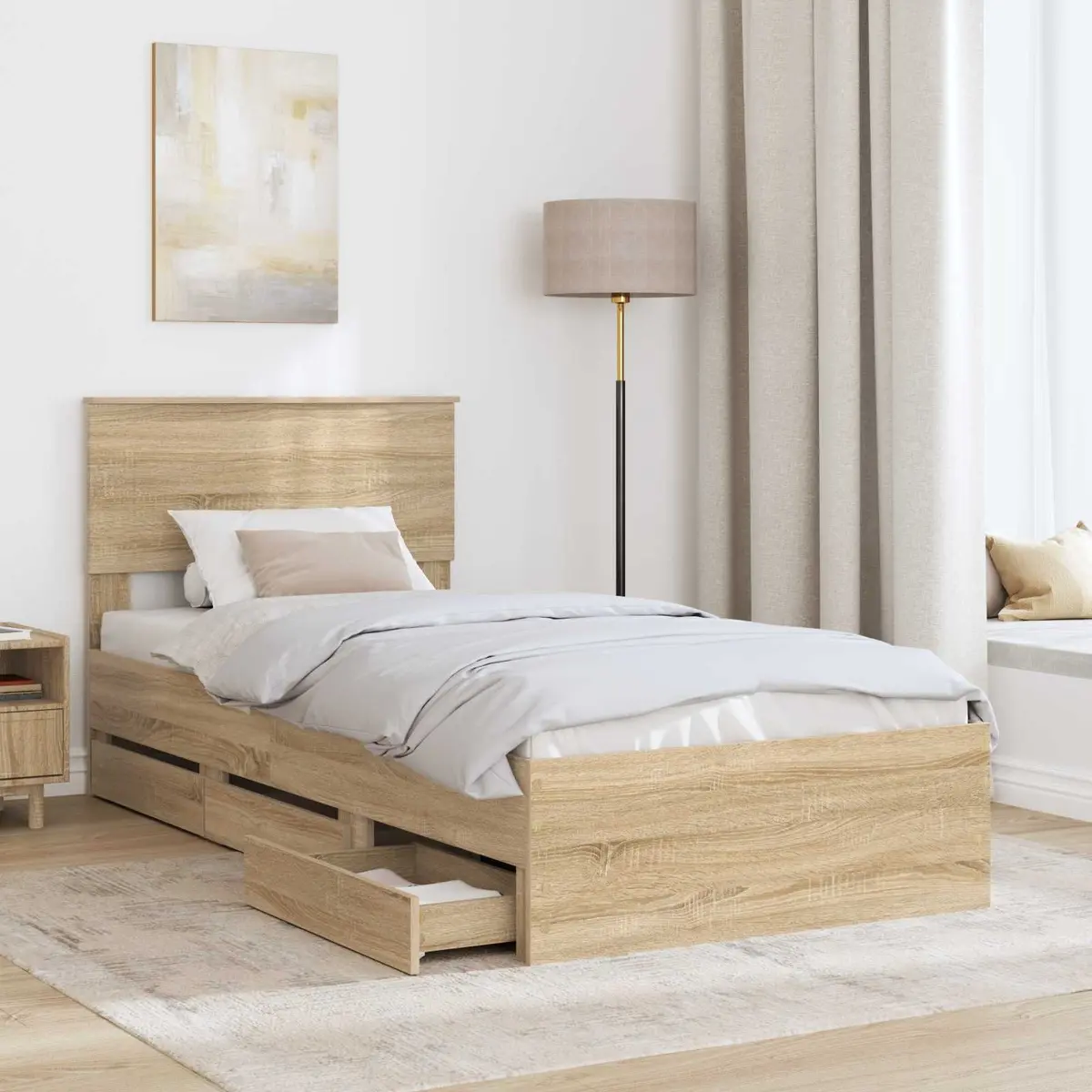Storage Drawer Bed Frame Engineered Wood Modern Minimalist 90 x 190 cm Sonoma Oak