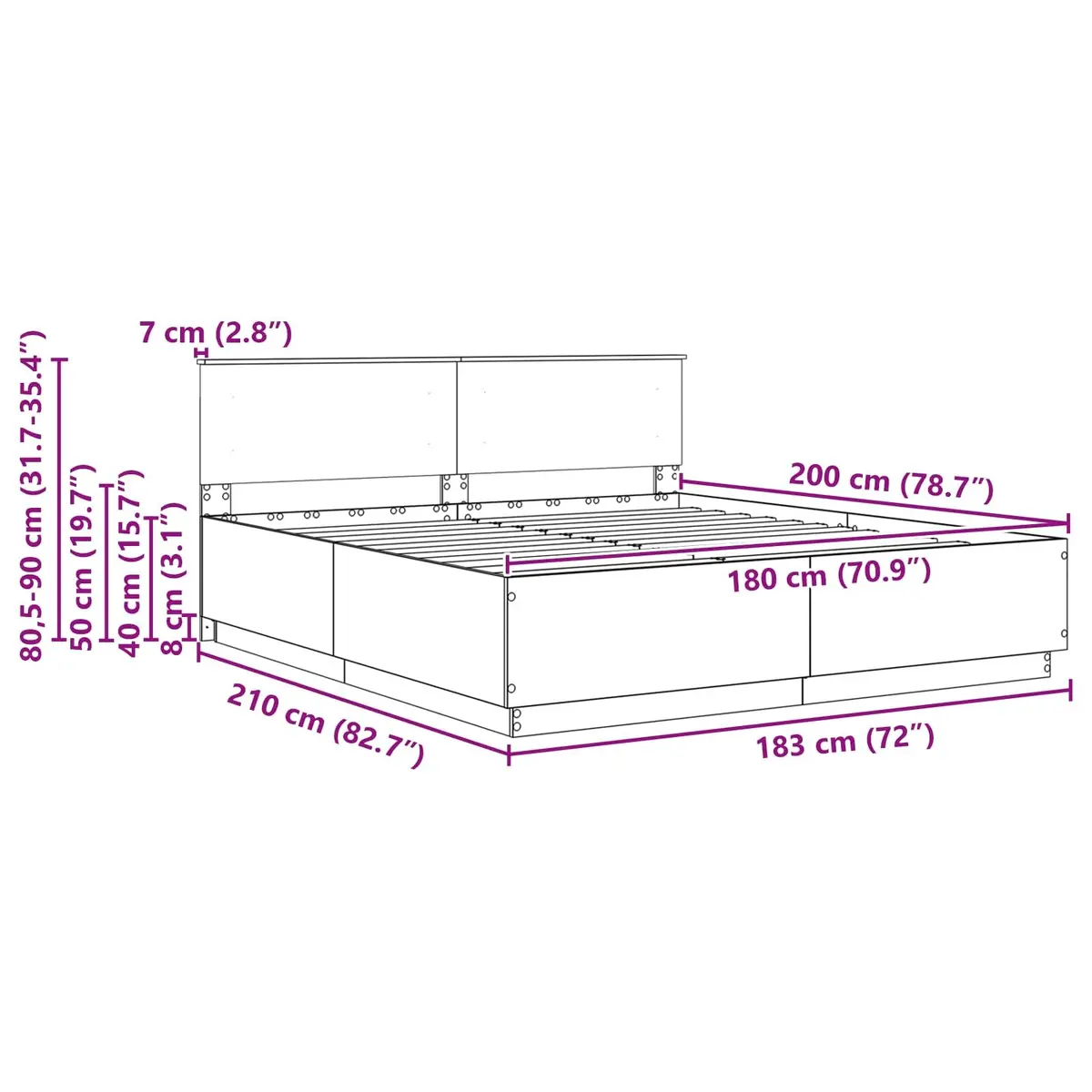 Bed Frame Engineered Wood 180 x 200 cm White Wall-Mounted Headboard Modern
