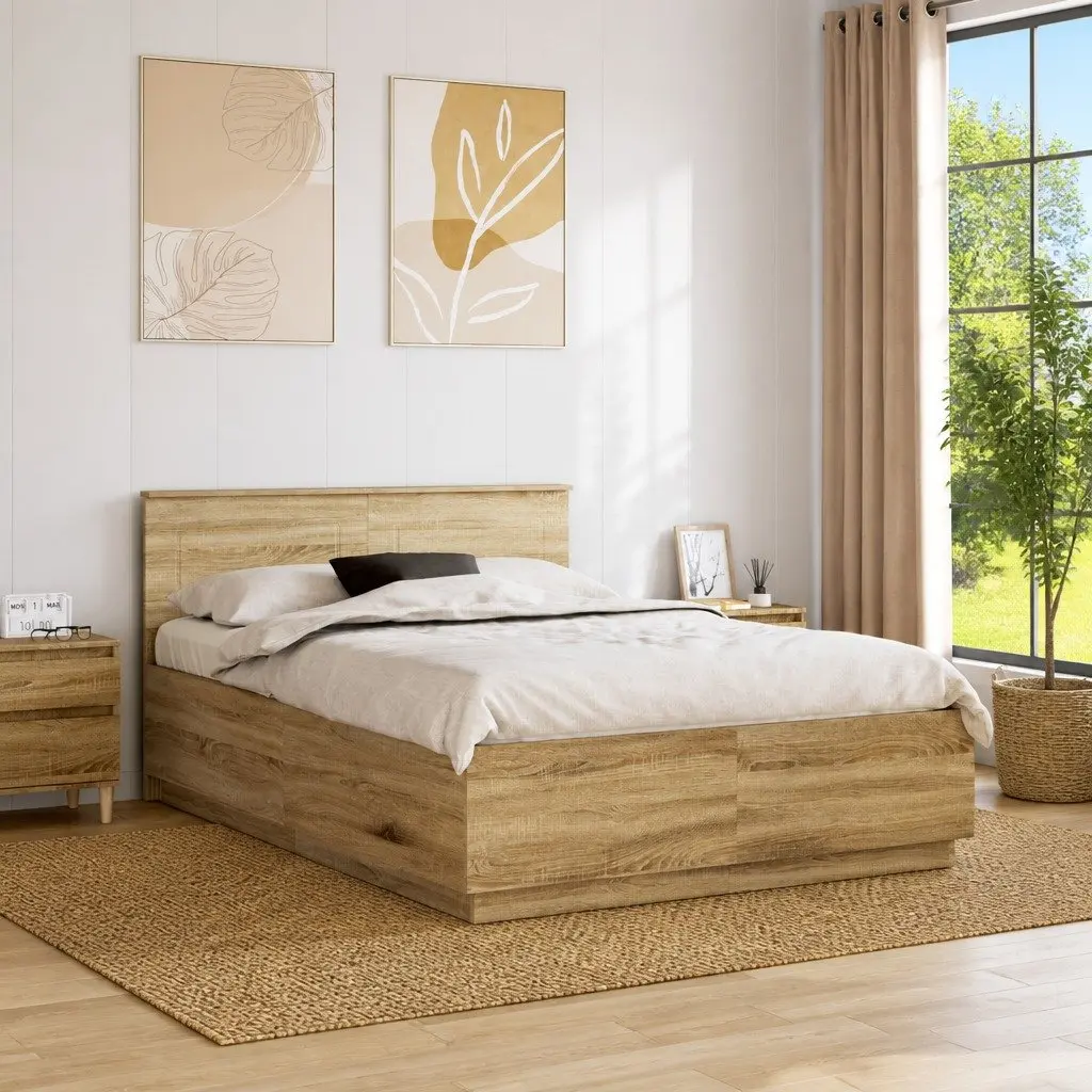 Bed Frame Engineered Wood Brown 150 x 200 cm Modern Adjustable Wall-Mounted Headboard
