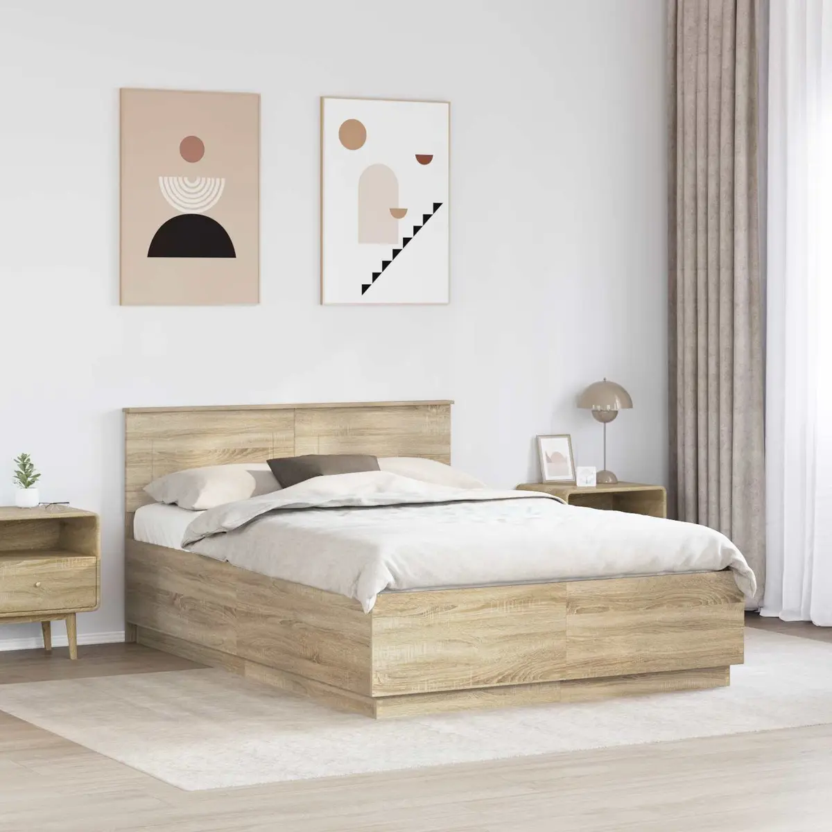 Bed Frame Engineered Wood Brown 150 x 200 cm Modern Adjustable Wall-Mounted Headboard