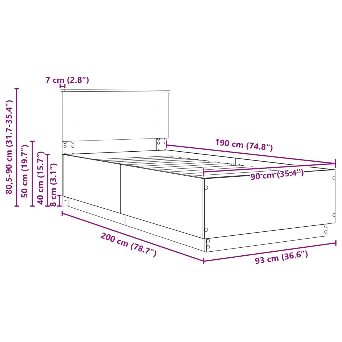 Bed Frame Engineered Wood 90 x 190 cm White Modern Minimalist