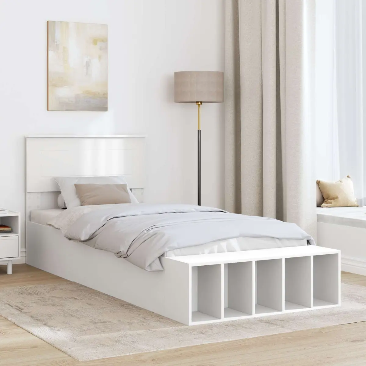 Bed Frame White Engineered Wood 90 x 190 cm with Adjustable Footboard Storage Headboard and Integrated Shelving